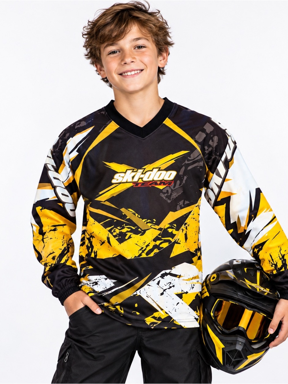 Ski Doo Racing Jersey Long Sleeve Snowmobile Shirt Youth 10/12 Black Yellow